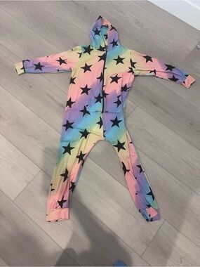 Kids Rainbow Gradient Hooded One-Piece with Black Star Print
